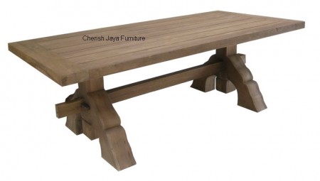 Code: SJDT 033 Name: Trisula Tressel Dining Table Size:  W=225 x D=110 x H=78 cm W=260 x D=110 x H=78 cm W=280 x D=110 x H=78 cm Thickness top = 6 cm Thickness leg = 14 cm Wood: Solid Teakwood